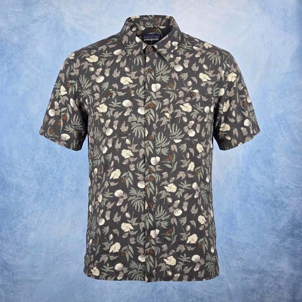 Patagonia Mens Medium Hemp Cotton Floral Short Sleeve Button Down Shirt Grey